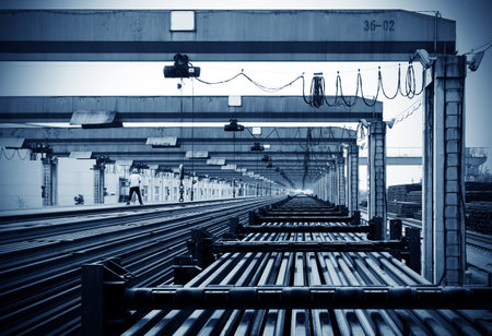 Pier bridge crane and cargo handling, cargo trains transported away.