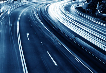 the light trails on the street in shanghai china.