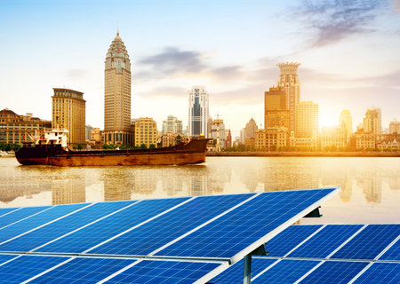 Urban background solar panels, Shanghai, China.