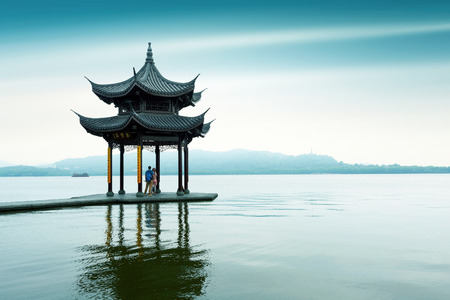chinese ancient pavilion on the west lake in hangzhouのeditorial素材