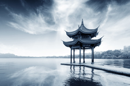 chinese ancient pavilion on the west lake in hangzhouのeditorial素材