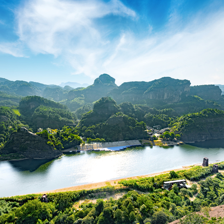 Aerial view of the river and grotesque mountain.の写真素材
