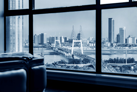 Bridge outside the window, a large number of automobile congestion scene.の写真素材