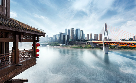 landscape of downtown near the river of chongqingのeditorial素材