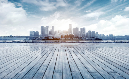 empty marble floor with cityscape and skylineのeditorial素材