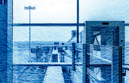 The boarding bridge was taken through the broken windowsのeditorial素材