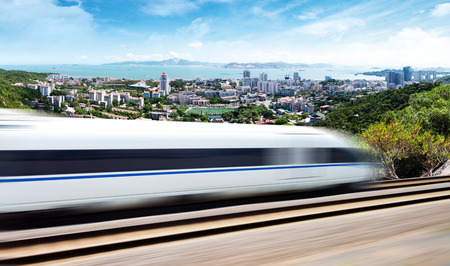 High speed train in urban background, Xiamen, China.の写真素材