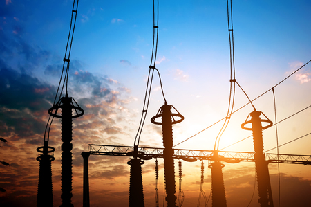Substation equipment and lines and pylons,twilight landscapeの写真素材