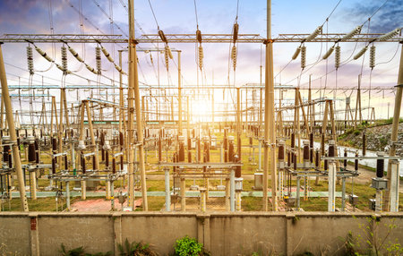 High voltage power substation, modern power facility.