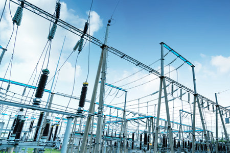 High voltage power substation, modern power facility.