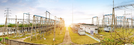 High voltage power substation, modern power facility.