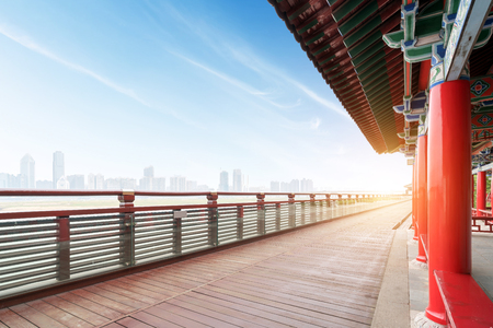 Riverside promenade and Chinese classical architectureの写真素材