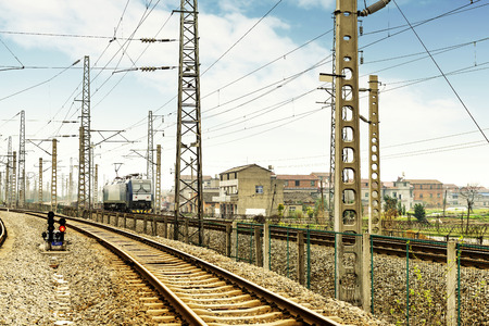 Railway transport hub and the train in motionのeditorial素材