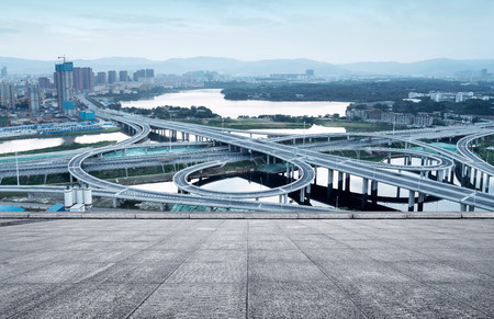 In front of the marble platform, a bird's eye view of the city viaductの写真素材
