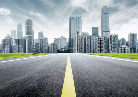 Dynamic ambiguous highway access and city skyline, Chongqing, China.の写真素材