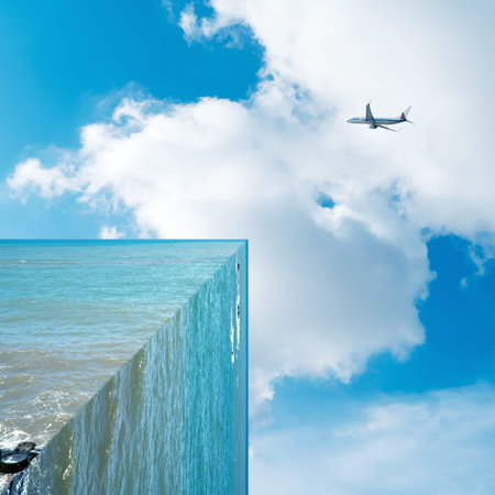 90 degree angle of the sea and the sky on the plane, three-dimensional fantasy landscape, exaggerated creativity.のeditorial素材