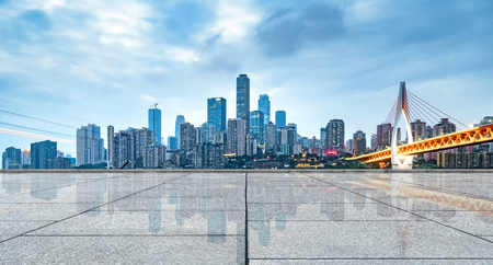 Empty marble floor and city skyline, China Chongqing night view.の写真素材