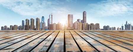 Wooden floor and city skyline, China Chongqing.の写真素材