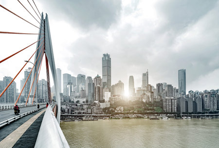andscape of downtown near water of chongqing in blue skyの写真素材