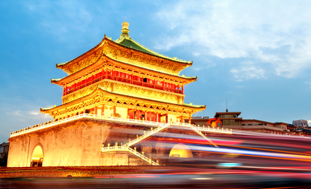 Xi'an , the starting point of the ancient silk road, beautiful bell tower at night, Chinaのeditorial素材