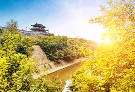 Ancient city walls in Xi'an, China, landscape at dusk.のeditorial素材