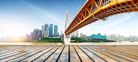 Wooden floor and city skyline, China Chongqing.の写真素材