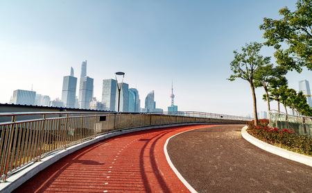 Walkway and skyscrapers in Lujiazui. Shanghai, Chinaの写真素材
