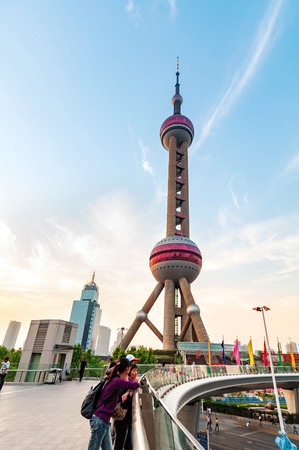 SHANGHAI, CHINA-MAY 13, 2012: View of Oriental Pearl Tower in Shanghai. It is a landmark and popular tourist attraction in Shanghai located at Lujiazui, the CBD of Shanghai.のeditorial素材