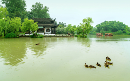 Old buildings and ducks in the lake. The slender West Lake is a famous scenic spot in China.の写真素材