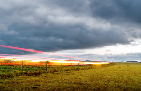 Light trails of grassland roads