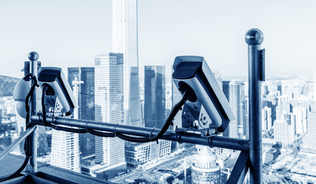 The security cameras on a balcony high building.Used to view road traffic.の写真素材