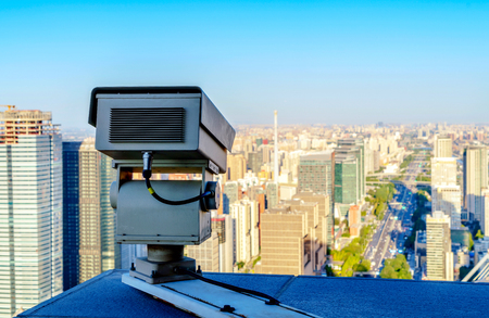 The security cameras on a balcony high building.Used to view road traffic.の写真素材