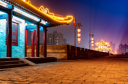 ancient city wall at night, Xi'an,Chinaの写真素材