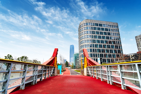 Walkway and skyscrapers in Lujiazui. Shanghai, Chinaの写真素材