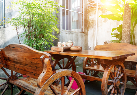 Old town house, table and chair at gardenの写真素材