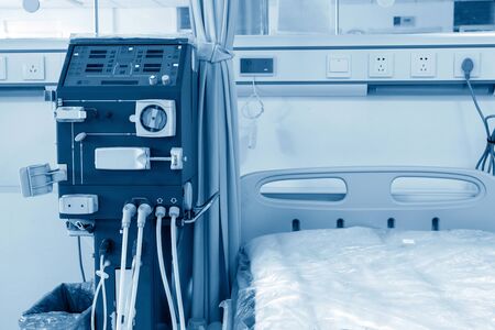 Hemodialysis machines with tubing and installations. Health care, blood purification, kidney failure, transplantation, medical equipment concept.の写真素材