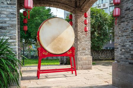 The red drum is inside the pavilion, Nan'an District, Chongqing, China.の写真素材
