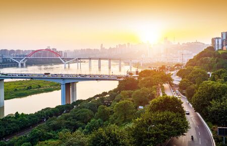 Chongqing city skyline, modern bridges and skyscrapers.の写真素材