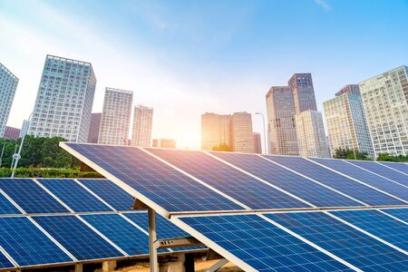 Beijing urban landscape, landmarks and solar panelsの写真素材