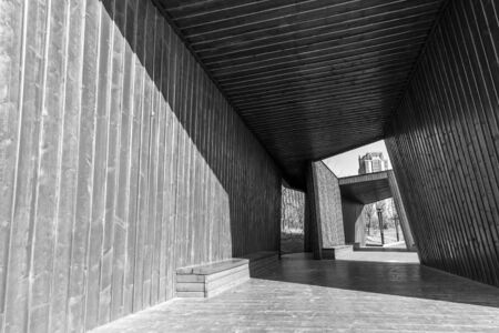 Wooden corridor in the park, Nanchang, China.の写真素材