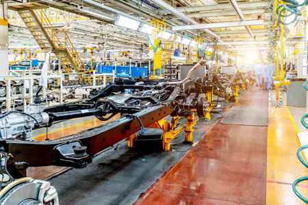 Car production line, skilled workers are working tense.