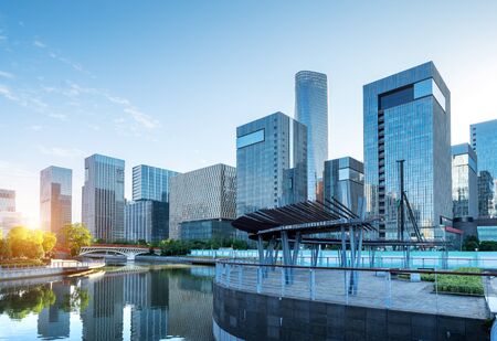 Modern buildings in the financial district, the urban landscape of Ningbo, China.の写真素材