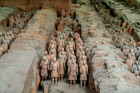 XI'AN, SHAANXI PROVINCE, CHINA - OCTOBER 17, 2017: The Terracotta Warriors of the famous Terracotta Army inside the Qin Shi Huang Mausoleum of the First Emperor of China.のeditorial素材