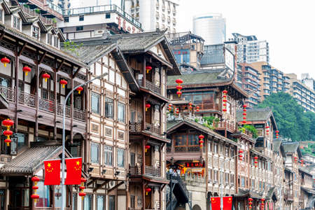 CHONGQING,CHINA-OCTOBER 15,2019: Hongyadong complex in the shape of a large ancient building. Inside, there are shops, restaurants, hotels, souvenir shops, etc. And good view pointのeditorial素材