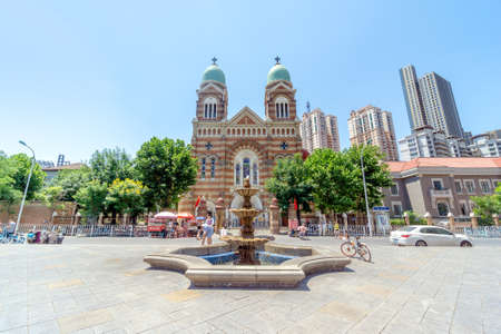 Tianjin, CHINA - JUNE 22, 2019: The Western Church was built in 1916 under the auspices of French missionary Paul-Marie Dumond; it is the largest Romanesque building in Tianjin.のeditorial素材