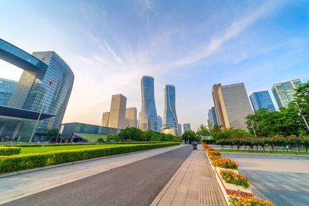 Highway and city skyline, Hangzhou, China cityscape.の写真素材