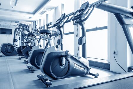 Healthy lifestyle concept. Spinning class with empty bikes. fitness, sport, trainingの写真素材