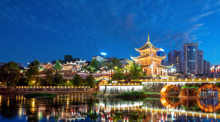 Guiyang, China skyline at Jiaxiu Pavilion on the Nanming River. Translation:"The most beautiful pavilion"のeditorial素材