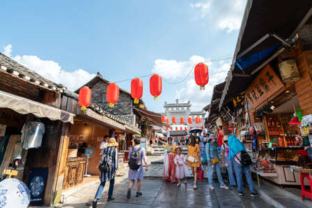 Guizhou, China,August 28, 2020, Shopping street in the Qingyan Ancient Town, one of the top 4th famous old towns and popular travel destinaton in Guizhou Province, China.のeditorial素材