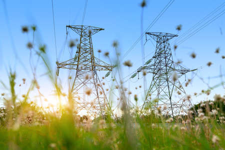 high voltage post.High-voltage tower sky background.の写真素材